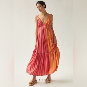 FARM for Anthropologie Pink and Yellow Striped Tiered Spaghetti-Strap Maxi Dress
